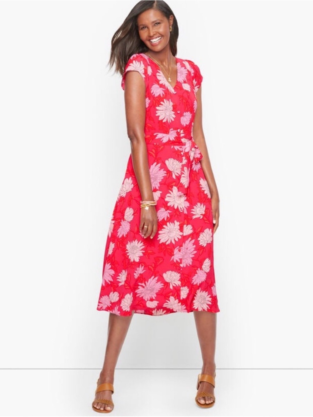 Talbots Women's Pink Floral Midi Dress - V-Neck Cap Sleeve